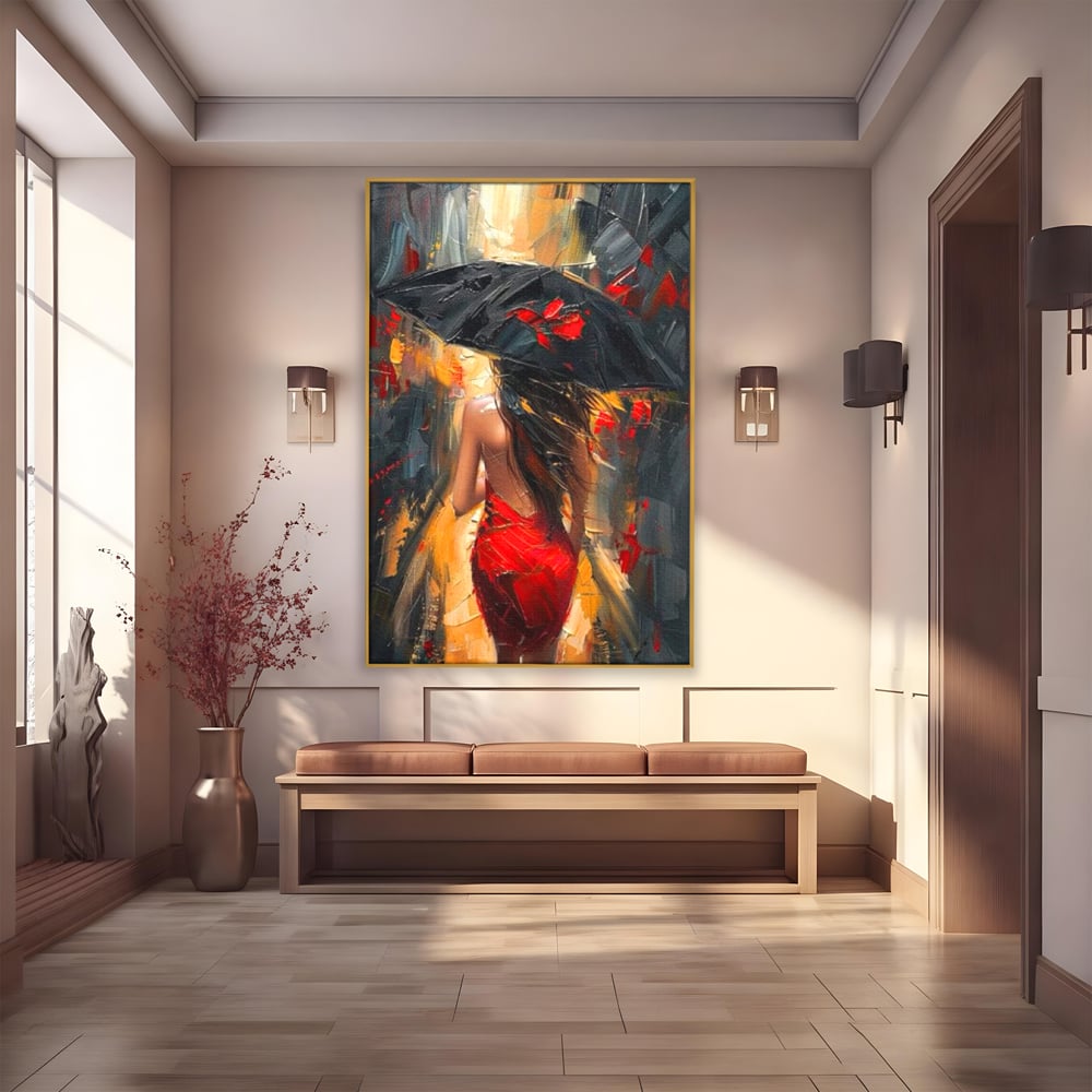 Tablou canvas cu pictura cu femeie si umbrela rosie, in rama de aluminiu auriu